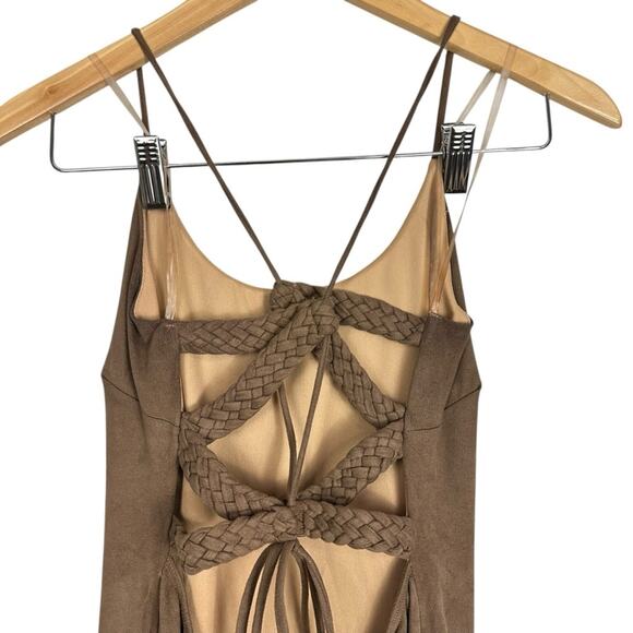 Vintage Y2K Emprada Brown Strappy Faux Suede Mini Dress Size Large - Picture 4 of 8